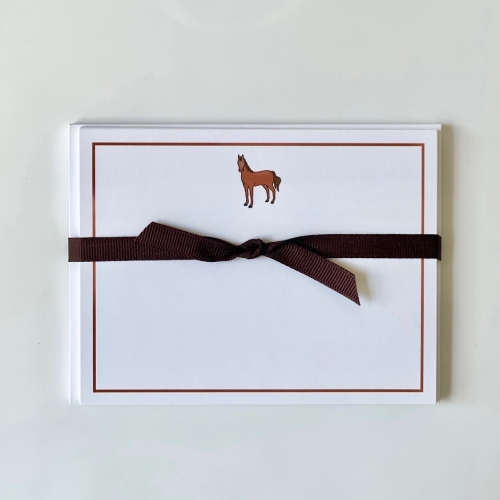 Horse Flat Note Cards Set of 10 flat note cards and envelopes.  
5.5 x 4.25\.
Tied with coordinating ribbon and packaged in clear bag.
Ultra white paper stock

Made in United States

